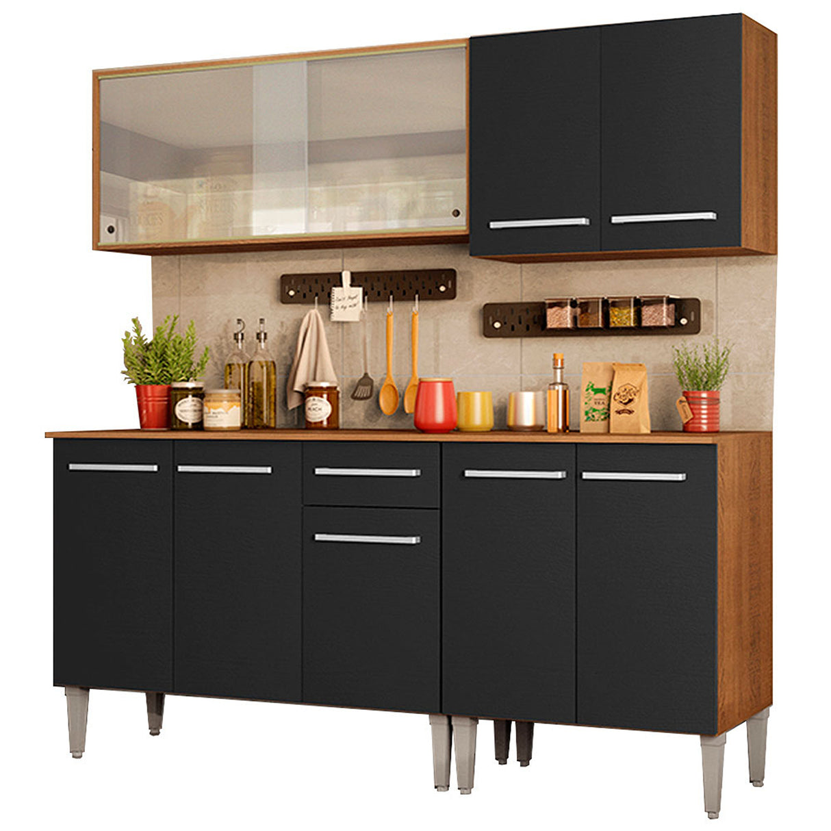 Cocina Integral Emilly Box Marron y Negro 169x186cm con Mesón y sin Pozuelo - COCINAS | Bylmo