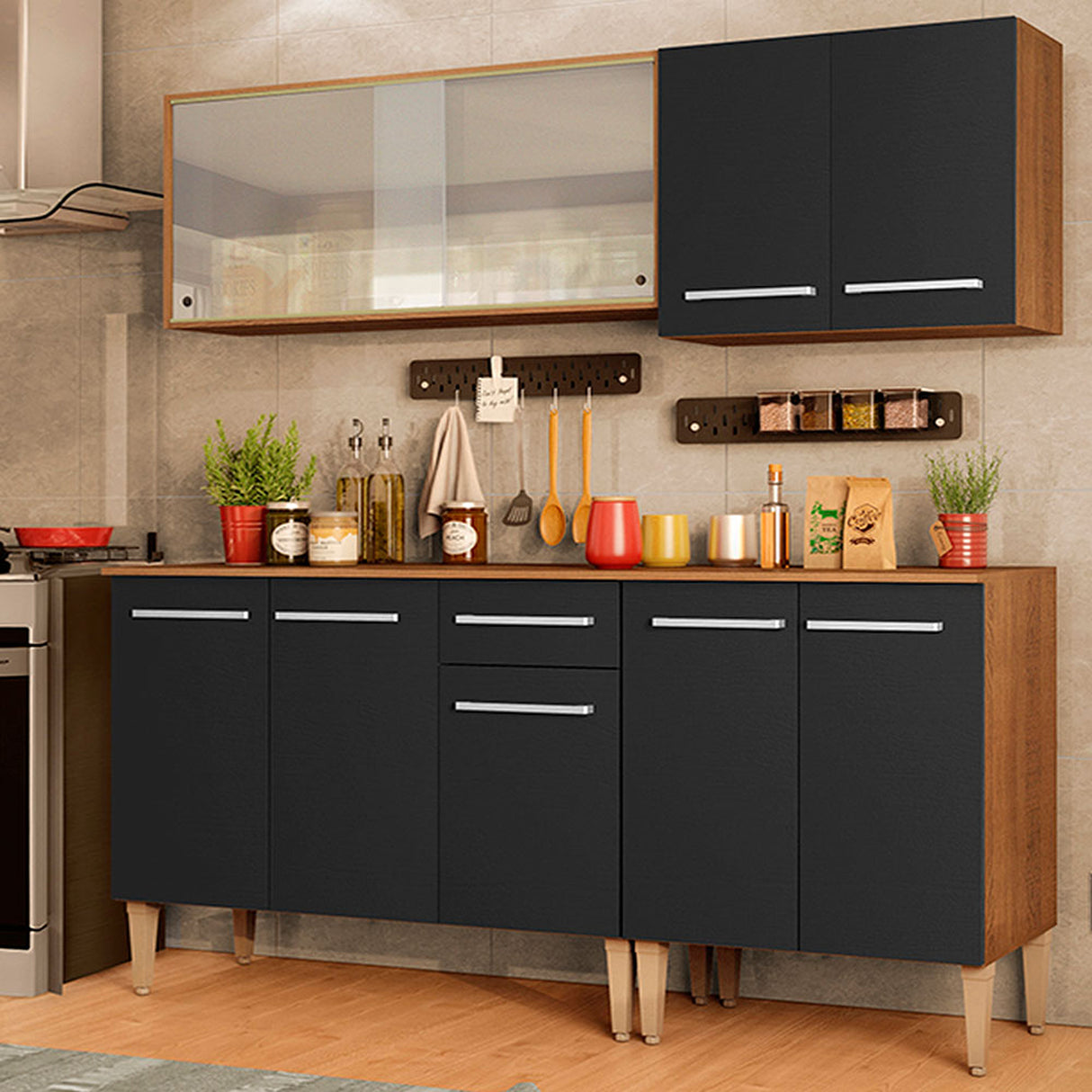 Cocina Integral Emilly Box Marron y Negro 169x186cm con Mesón y sin Pozuelo - COCINAS | Bylmo