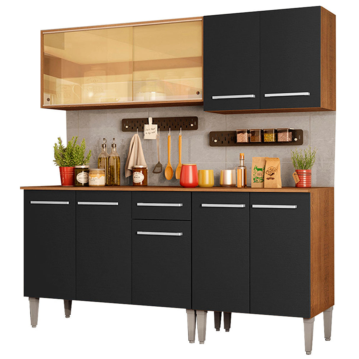 Cocina Integral Emilly Drive Marron y Negro 169x186cm con Mesón y sin Pozuelo - COCINAS | Bylmo