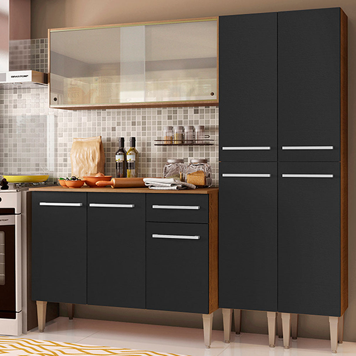 Cocina Integral Emilly Fly Marron y Negro 169x186cm con Mesón y sin Pozuelo - COCINAS | Bylmo