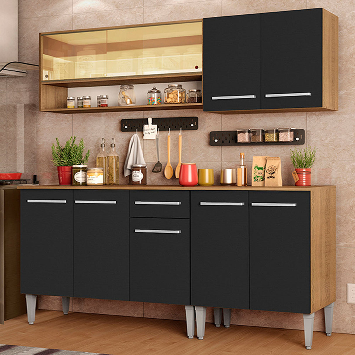 Cocina Integral Emilly Dance Marron y Negro 169x186cm con Mesón y sin Pozuelo - COCINAS | Bylmo