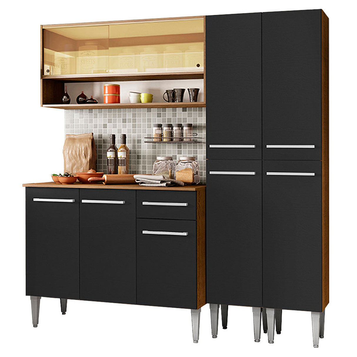 Cocina Integral Emilly Winter Marron y Negro 169x186cm con Mesón y sin Pozuelo - COCINAS | Bylmo