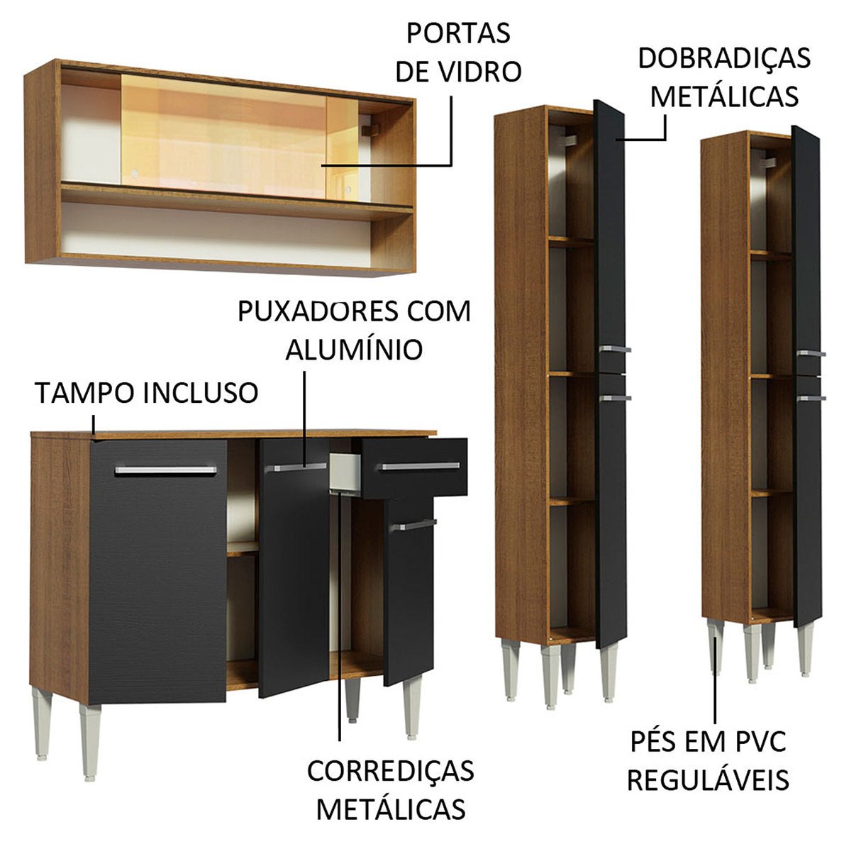 Cocina Integral Emilly Winter Marron y Negro 169x186cm con Mesón y sin Pozuelo - COCINAS | Bylmo