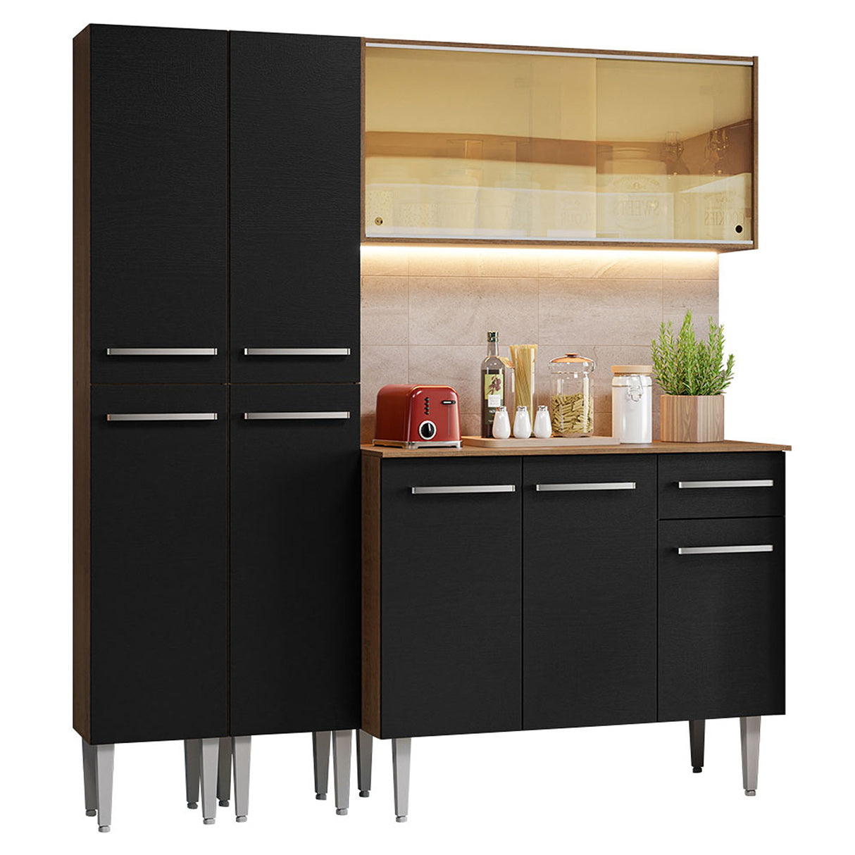 Cocina Integral Emilly 169x186x44 Marron y Negro Moderna Espaciosa y Duradera. - COCINAS | Bylmo