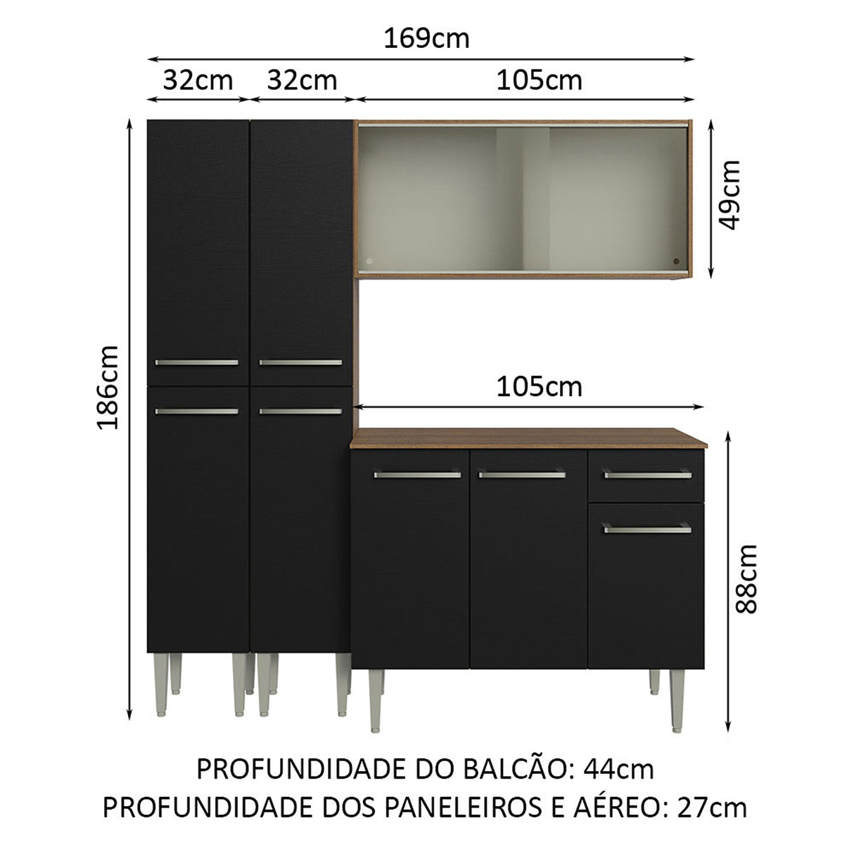 Cocina Integral Emilly Compacta 169x186 Marrón y Negro - COCINAS | Bylmo