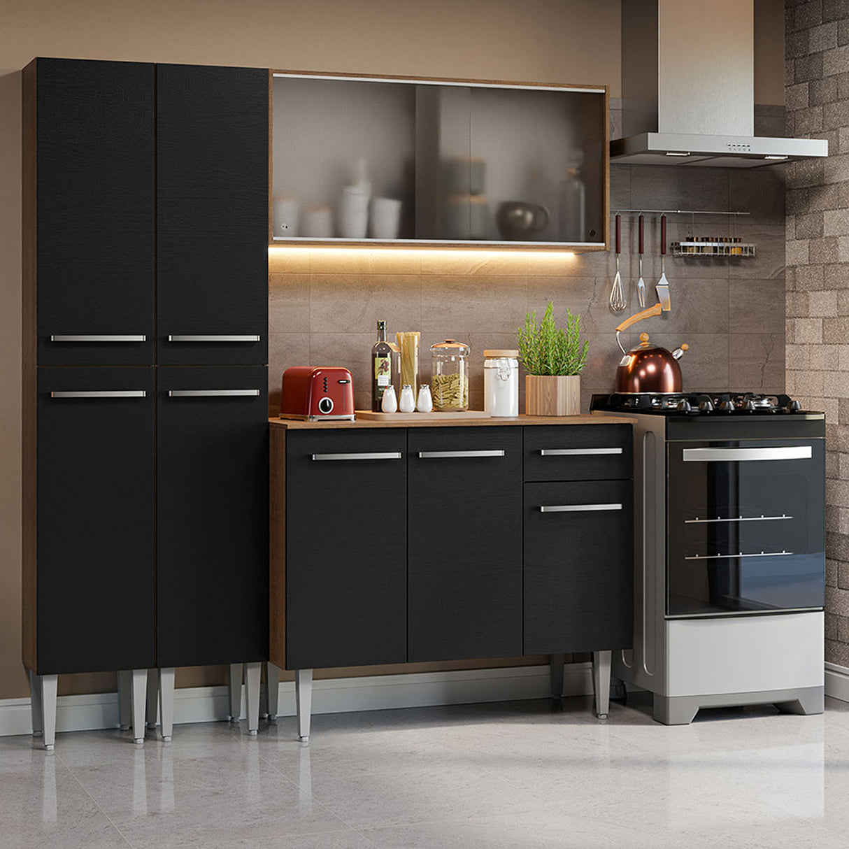 Cocina Integral Emilly Compacta 169x186 Marrón y Negro - COCINAS | Bylmo