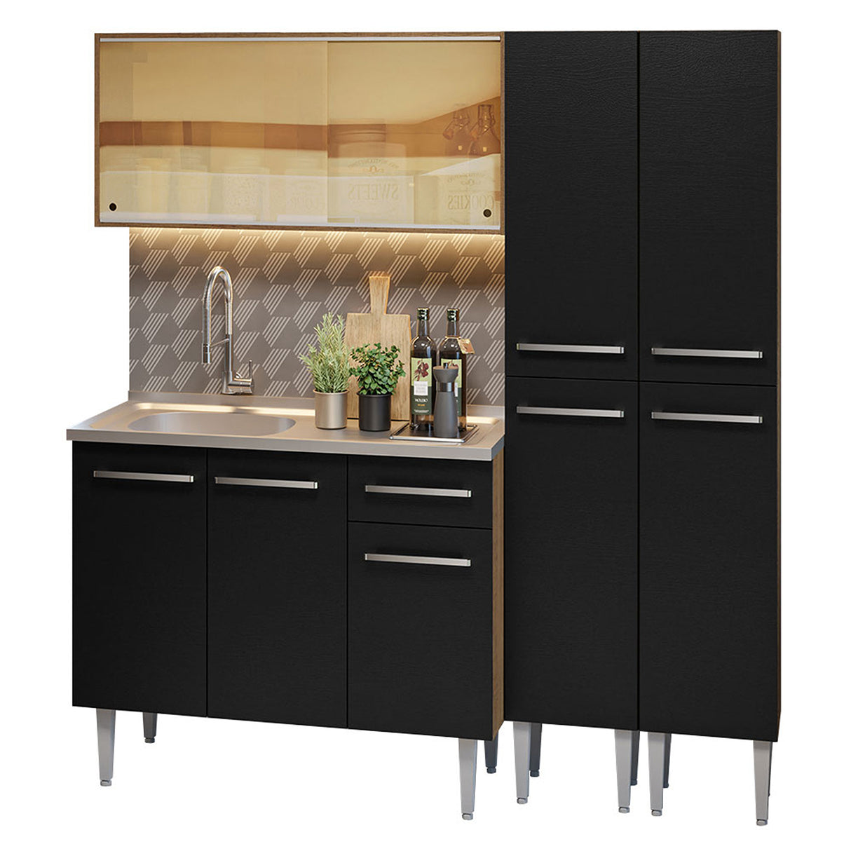 Cocina Integral Emilly 169x186 Marrón y Negro MDP Resistente al agua y al calor Incluye meson de acero inoxidable y pozuelo Moderno - COCINAS | Bylmo