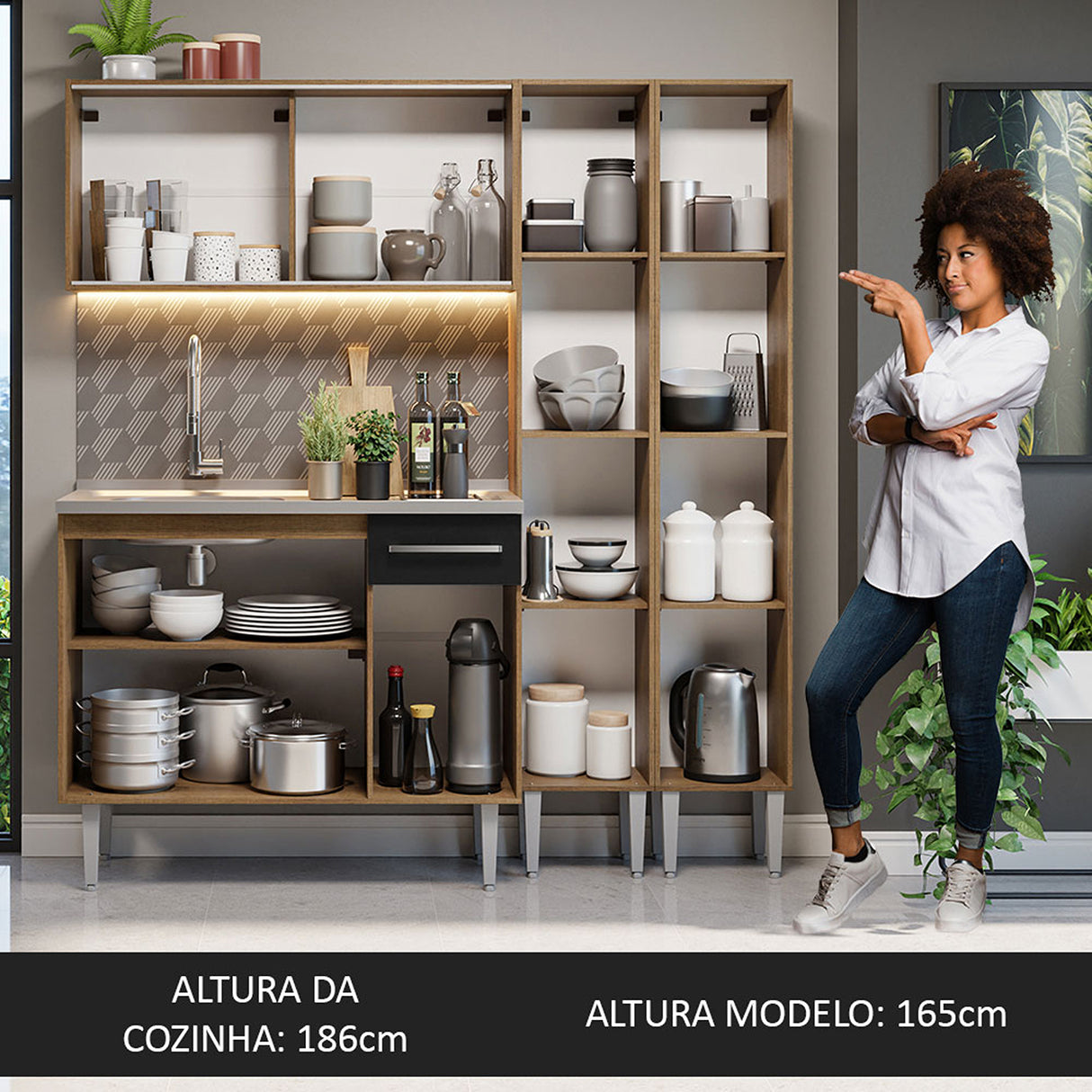 Cocina Integral Emilly 169x186 Marrón y Negro MDP Resistente al agua y al calor Incluye meson de acero inoxidable y pozuelo Moderno - COCINAS | Bylmo