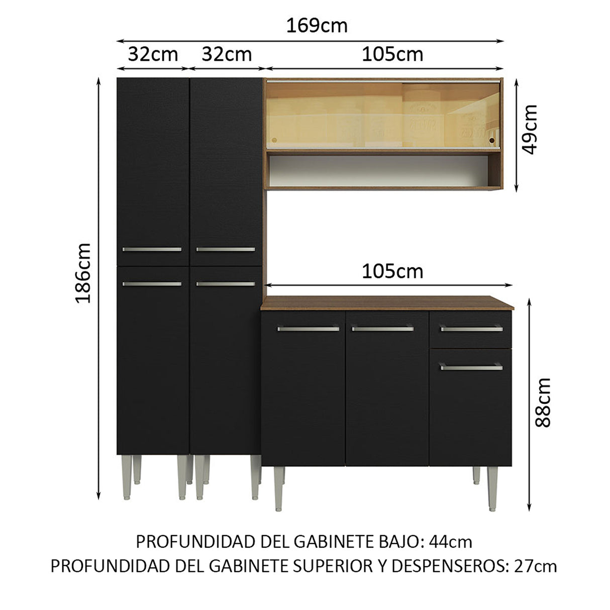 Cocina Integral Emilly 169x186 Marron y Negro Resistente - COCINAS | Bylmo