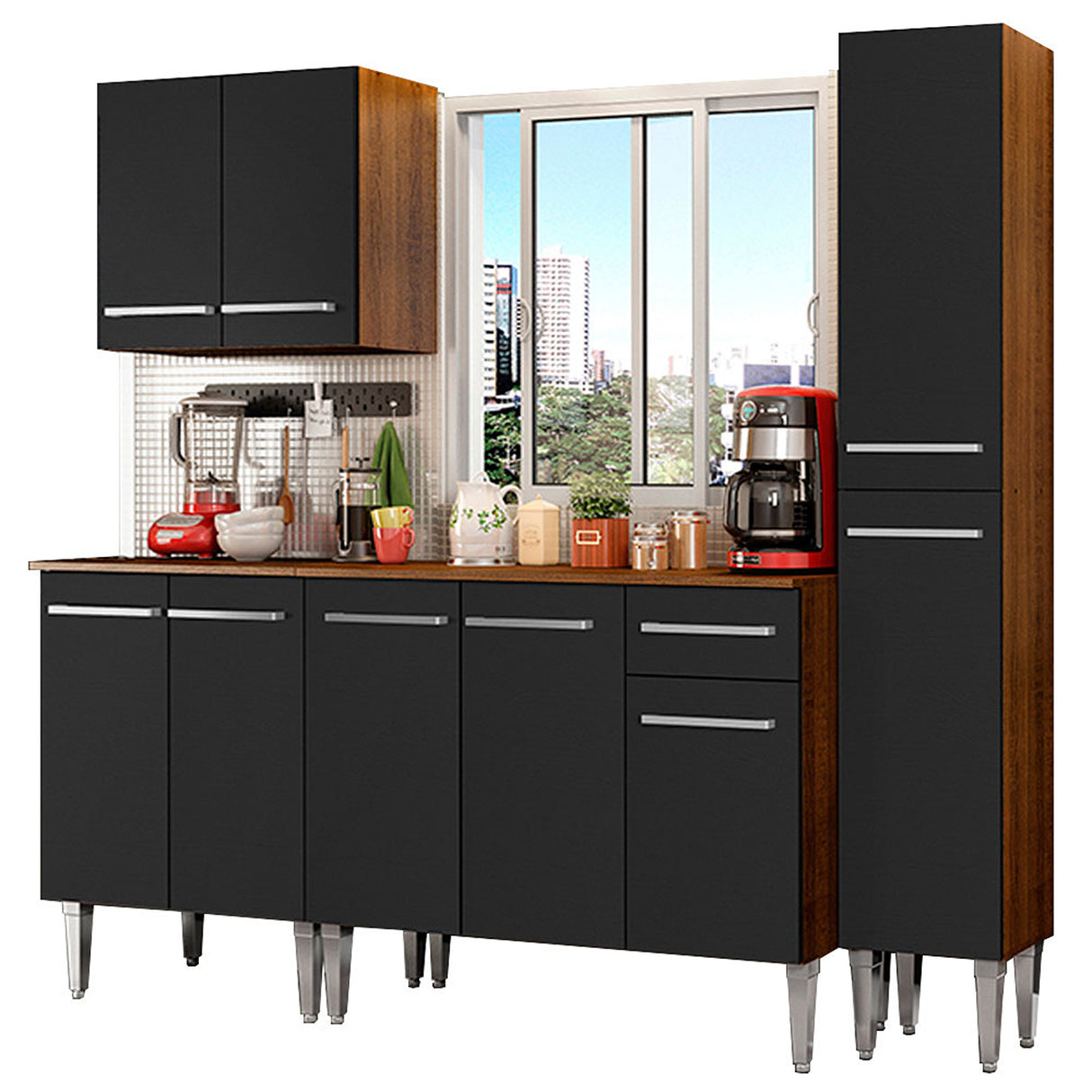 Cocina Integral Emilly Sing Marron y Negro 201x186cm con Mesón y sin Pozuelo - COCINAS | Bylmo