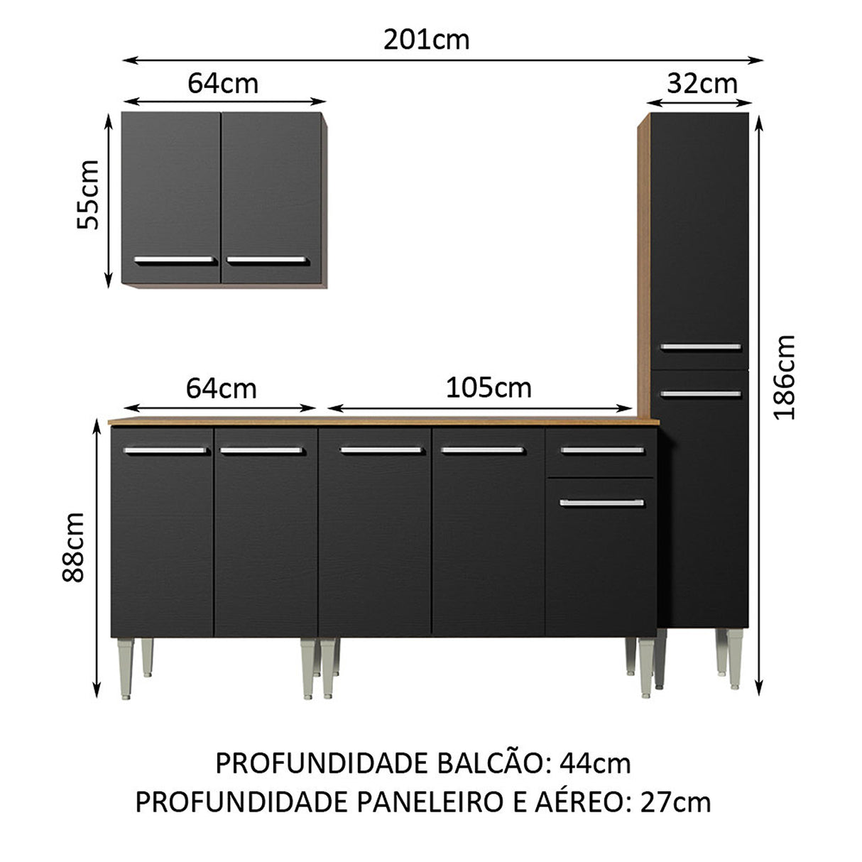 Cocina Integral Emilly Sing Marron y Negro 201x186cm con Mesón y sin Pozuelo - COCINAS | Bylmo