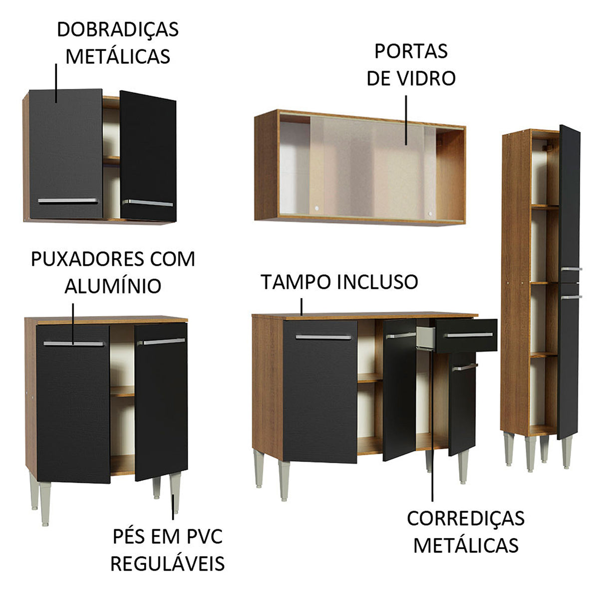 Cocina Integral Emilly Fast Marron y Negro 201x186cm con Mesón y sin Pozuelo - COCINAS | Bylmo