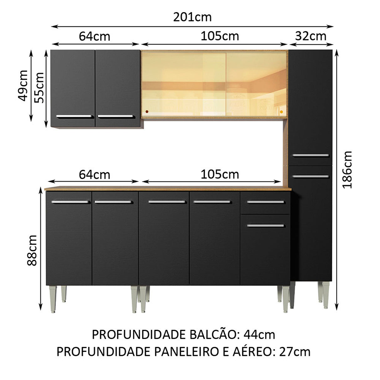Cocina Integral Emilly West Marron y Negro 201x186cm con Mesón y sin Pozuelo - COCINAS | Bylmo