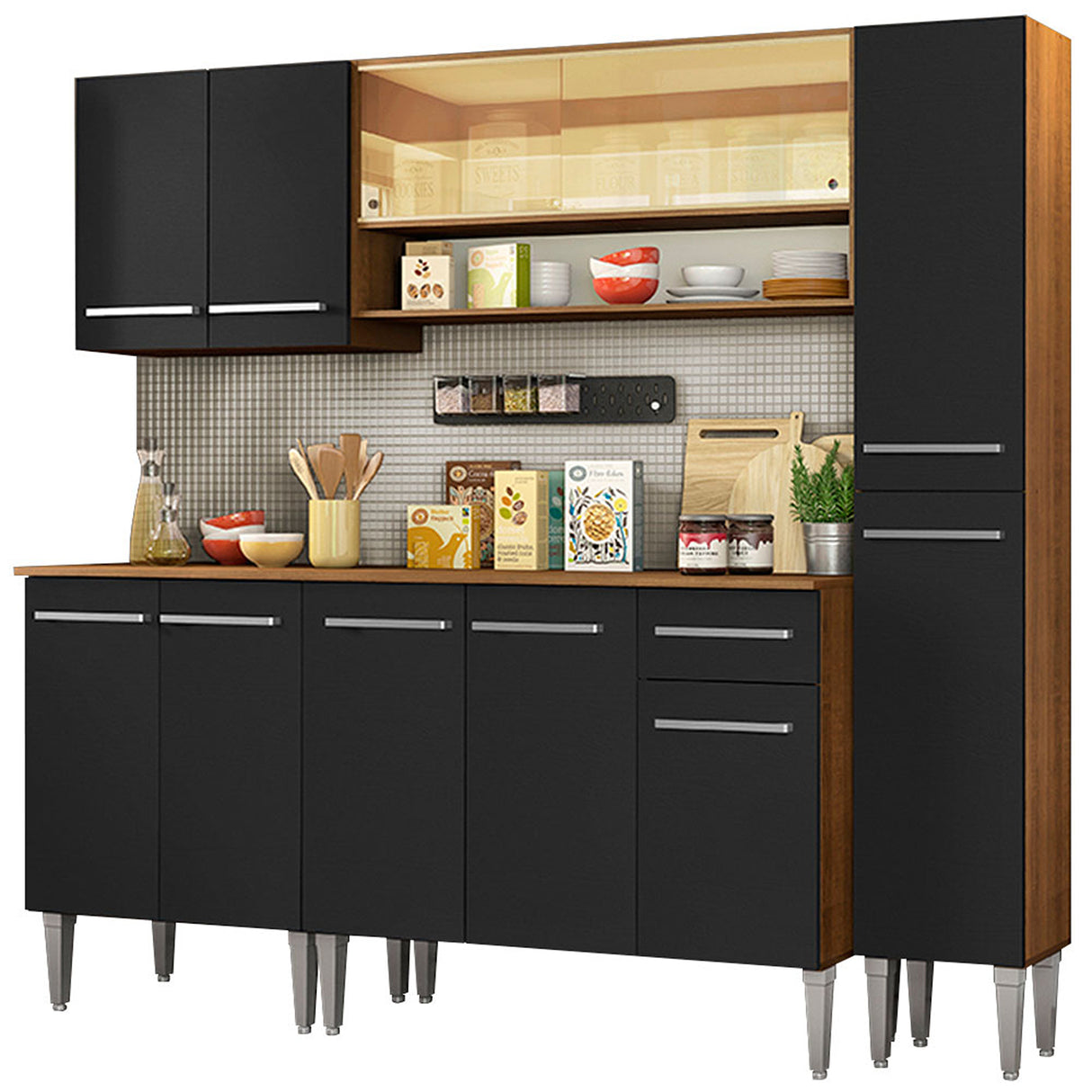 Cocina Integral Emilly Sky Marron y Negro 201x186cm con Mesón y sin Pozuelo - COCINAS | Bylmo