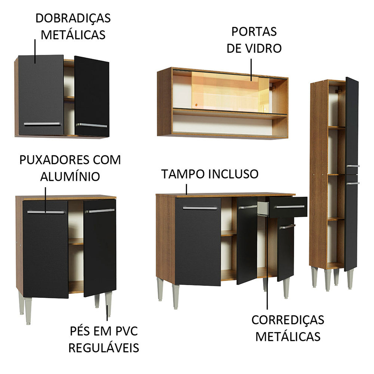 Cocina Integral Emilly Sky Marron y Negro 201x186cm con Mesón y sin Pozuelo - COCINAS | Bylmo
