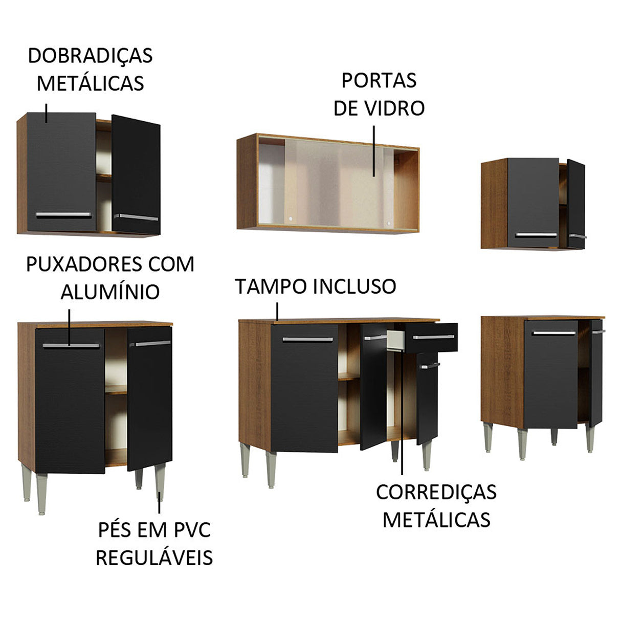 Cocina Integral Emilly Wind Marron y Negro 233x186cm con Mesón y sin Pozuelo - COCINAS | Bylmo