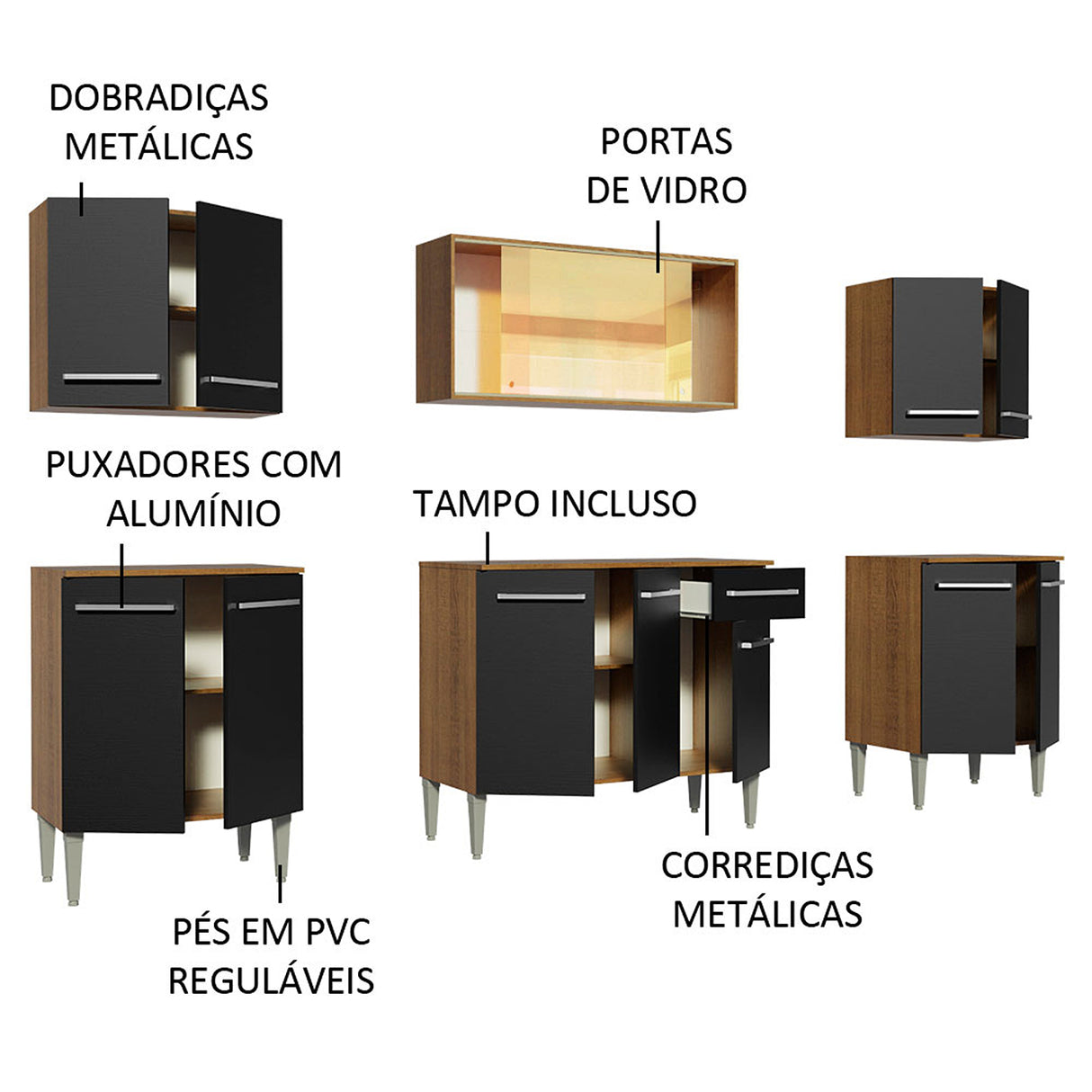 Cocina Integral Emilly Fire Marron y Negro 233x186cm con Mesón y sin Pozuelo - COCINAS | Bylmo