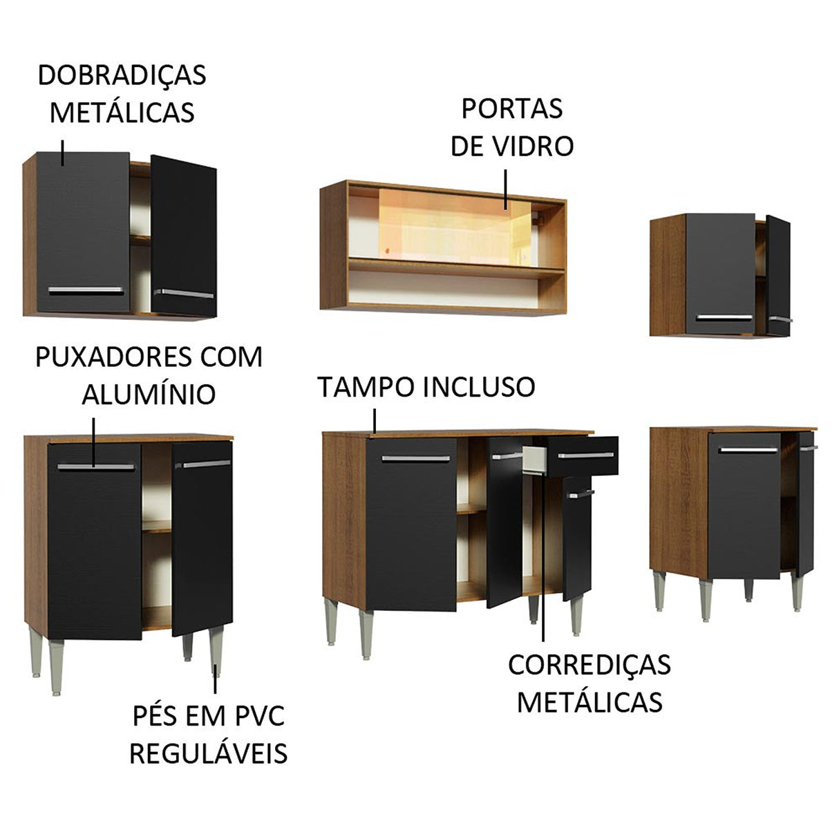 Cocina Integral Emilly Smile Marron y Negro 233x186cm con Mesón y sin Pozuelo - COCINAS | Bylmo