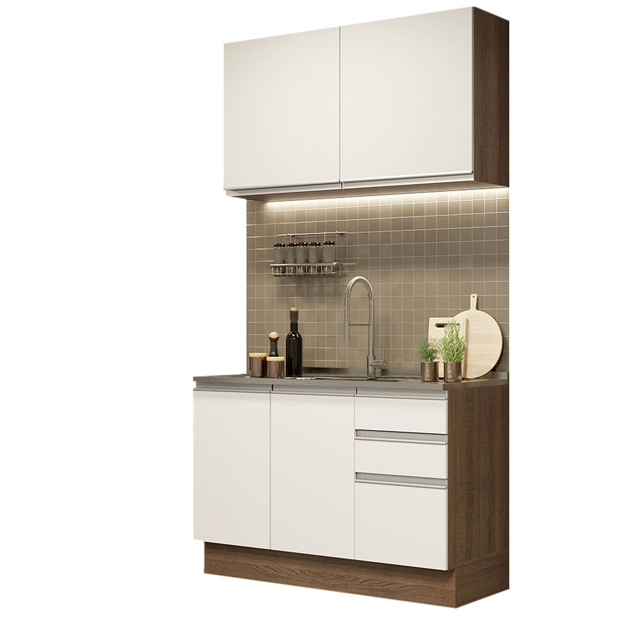 Cocina Integral Glamy Marron y Blanco 120x225cm sin Mesón y sin Pozuelo - COCINAS | Bylmo