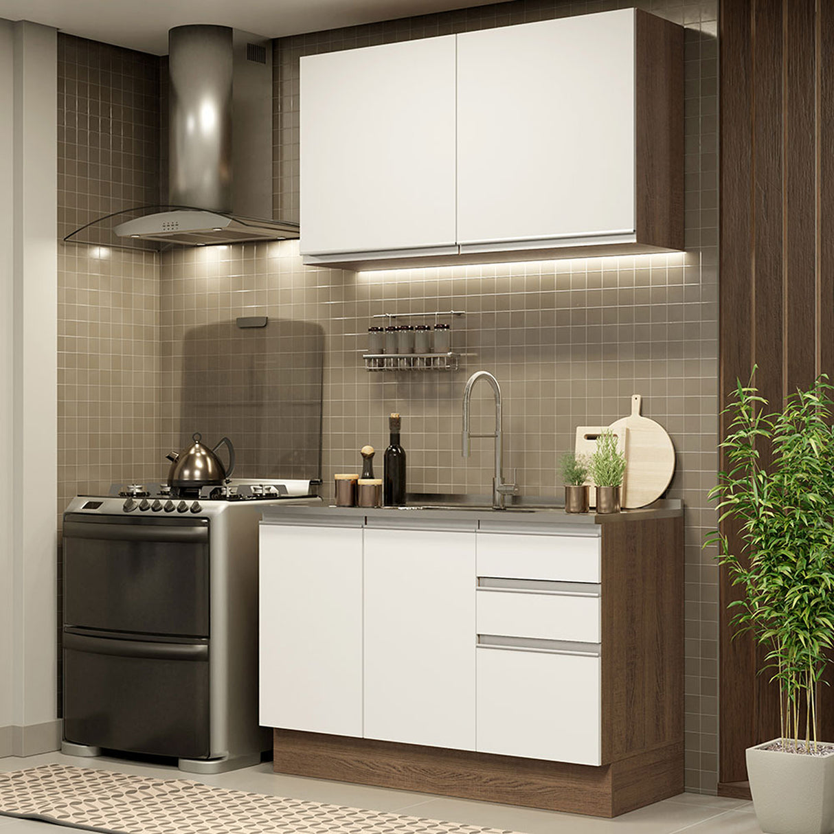 Cocina Integral Glamy Marron y Blanco 120x225cm sin Mesón y sin Pozuelo - COCINAS | Bylmo