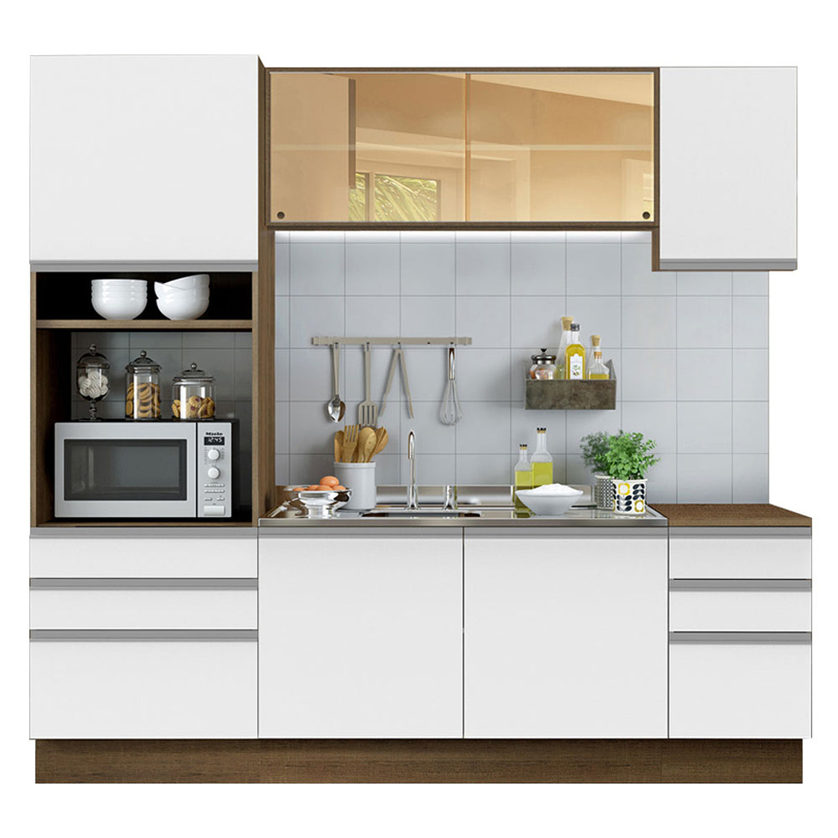 Cocina Integral Karen Marron y Blanco 220x225cm con Mesón y sin Pozuelo - COCINAS | Bylmo