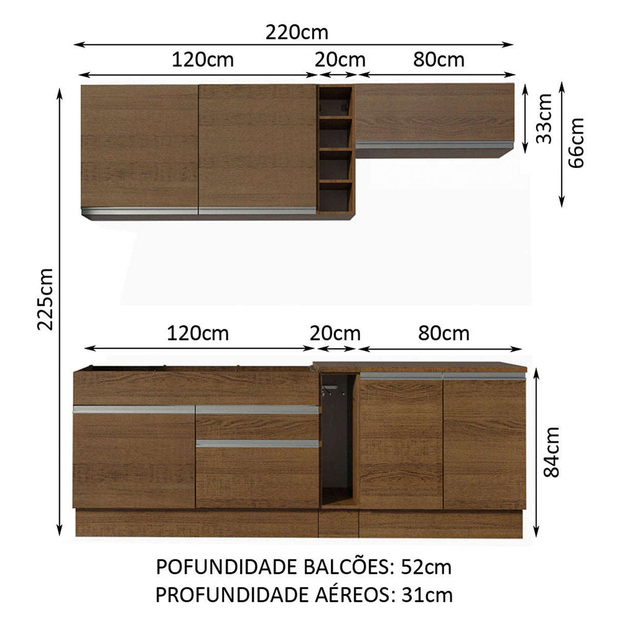 Cocina Integral Parma 220x52x225cm Moderna MDP 6 puertas 2 cajóns 8 entrepaños cierre suave botellero. - COCINAS | Bylmo