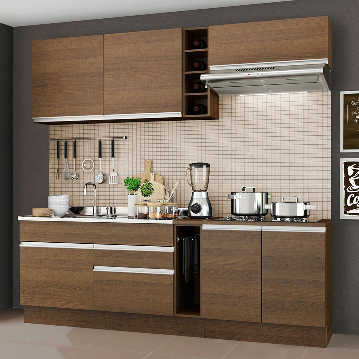 Cocina Integral Parma 220x52x225cm Moderna MDP 6 puertas 2 cajóns 8 entrepaños cierre suave botellero. - COCINAS | Bylmo