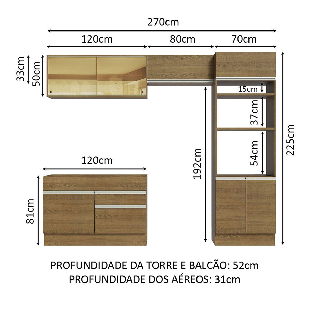Cocina Integral Glamy 225x270x31 Marrón Moderno MDP Siete capas - COCINAS | Bylmo
