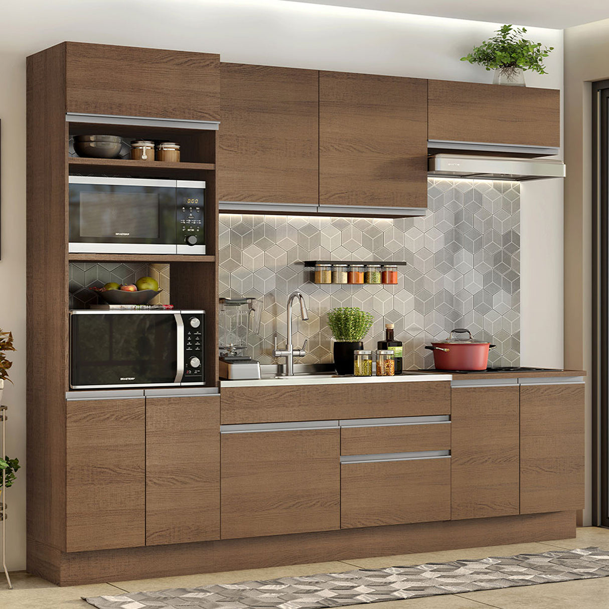 Cocina Integral Glamy 270x225 cm Marrón Moderna MDP Pies regulables de PVC Zócalo extraíble - COCINAS | Bylmo