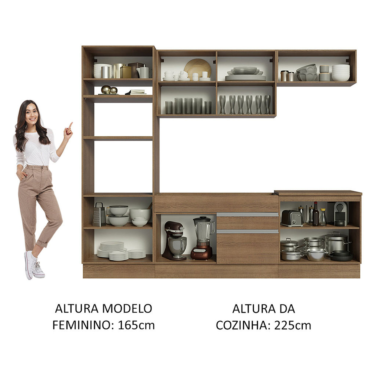 Cocina Integral Glamy 270x225 cm Marrón Moderna MDP Pies regulables de PVC Zócalo extraíble - COCINAS | Bylmo