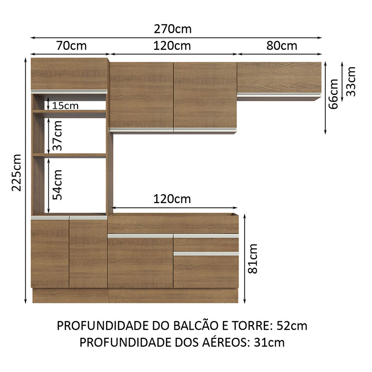 Cocina Integral Glamy 270 cm Marrón Moderno - COCINAS | Bylmo