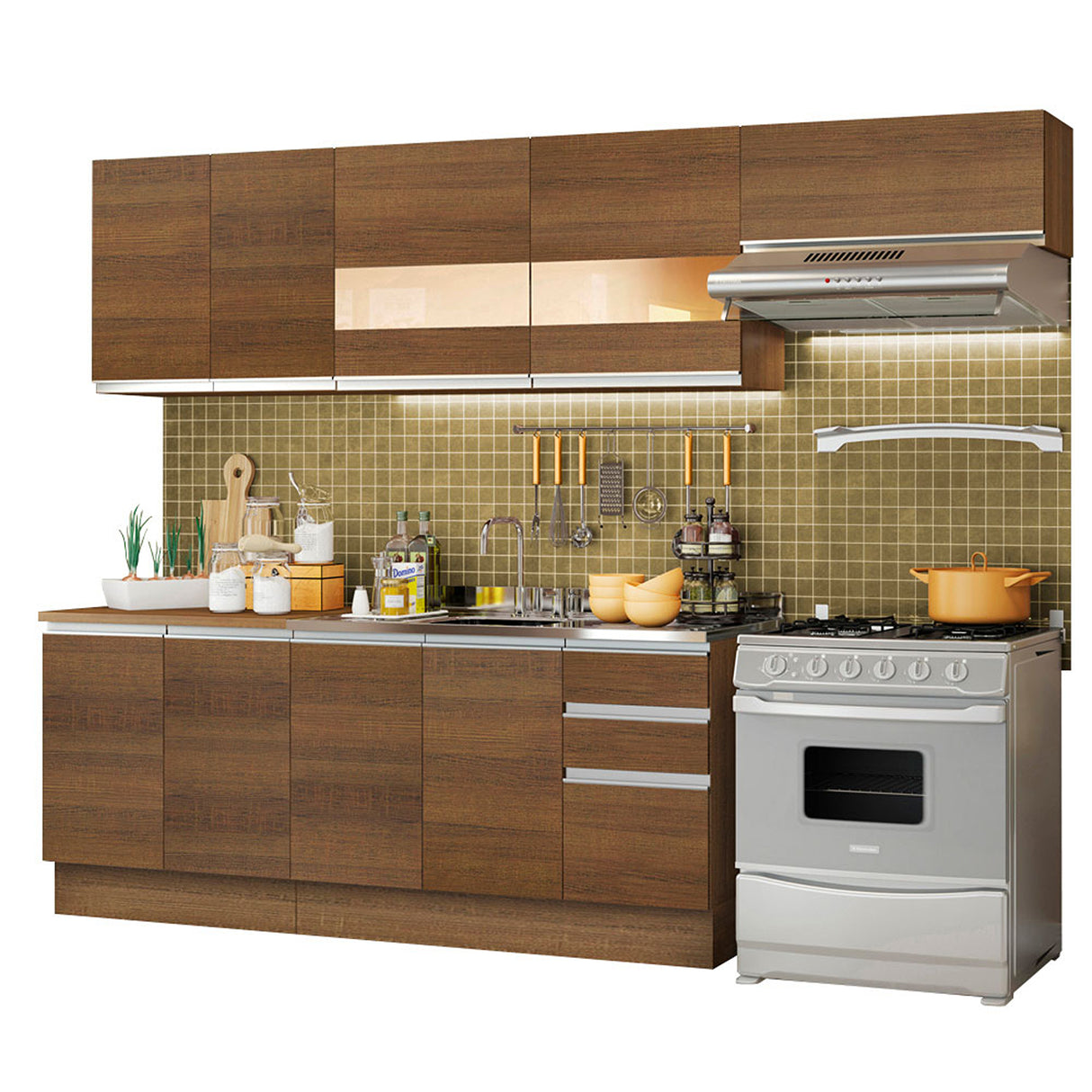 Cocina Integral Marcela Glamy Marron 280x225cm con Mesón y sin Pozuelo - COCINAS | Bylmo
