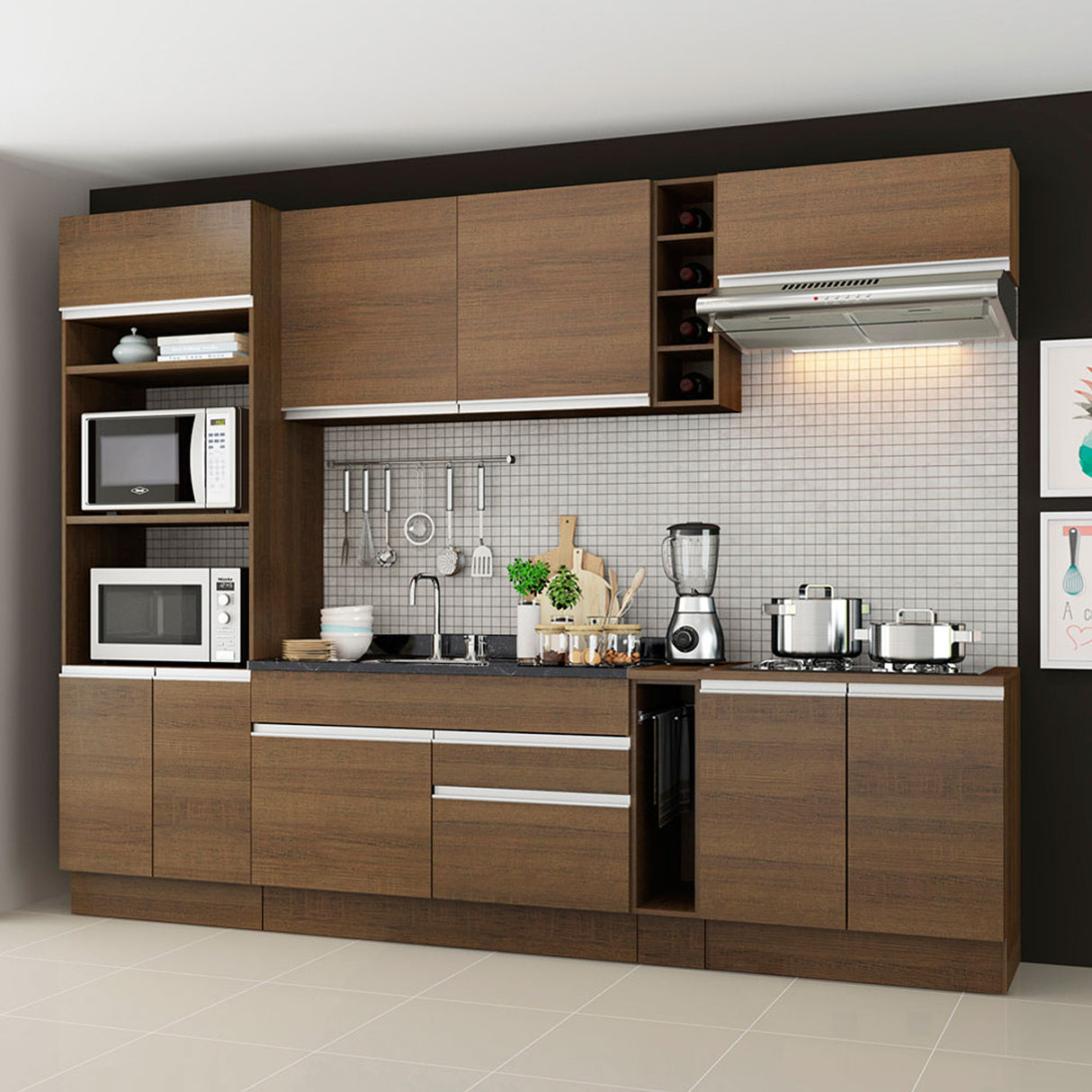 Cocina Integral Vicenza Marron 290x225cm con Mesón sin Pozuelo y con Dos Cajones - COCINAS | Bylmo