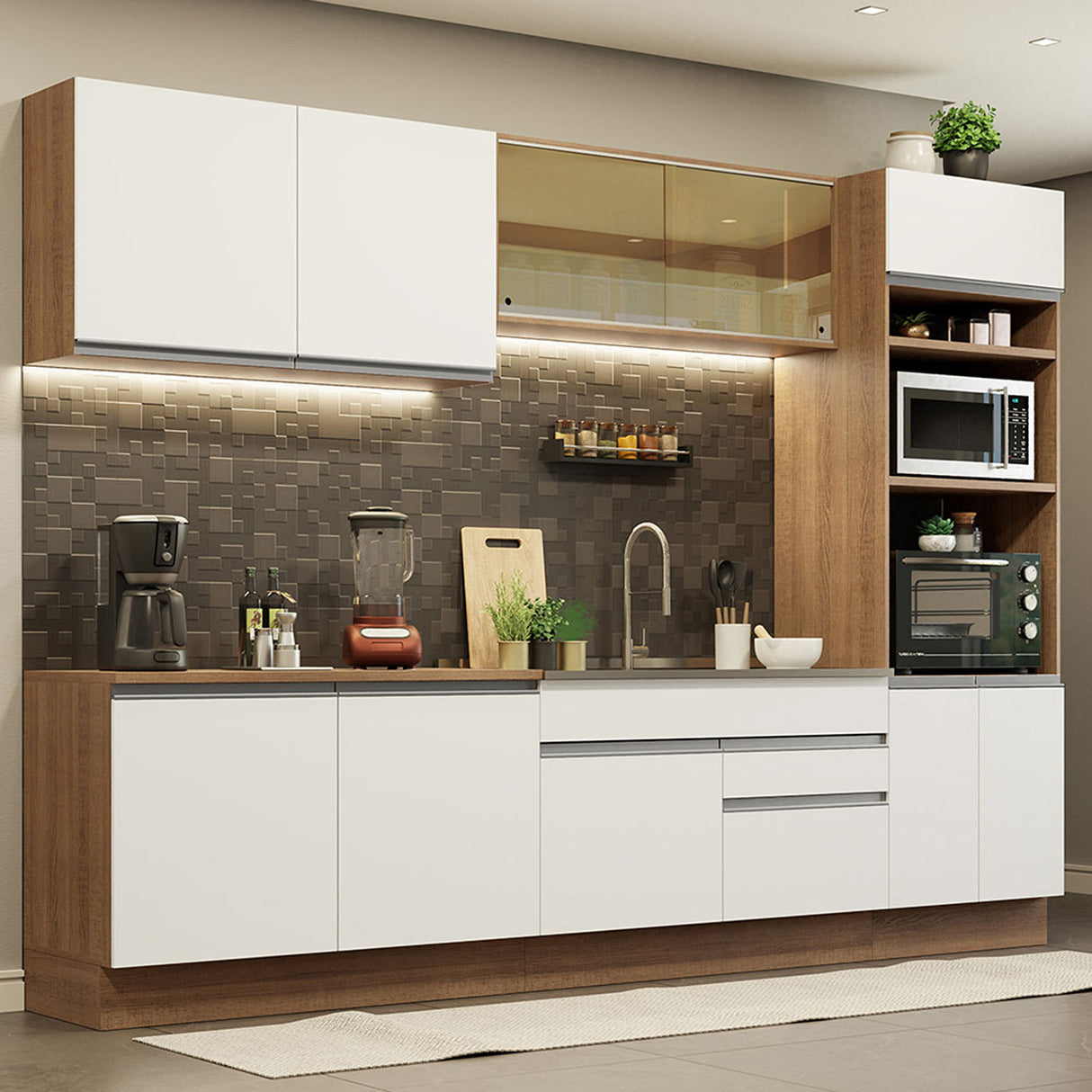 Cocina Integral Glamy Marron y Blanco 310x225cm con Mesón y sin Pozuelo - COCINAS | Bylmo