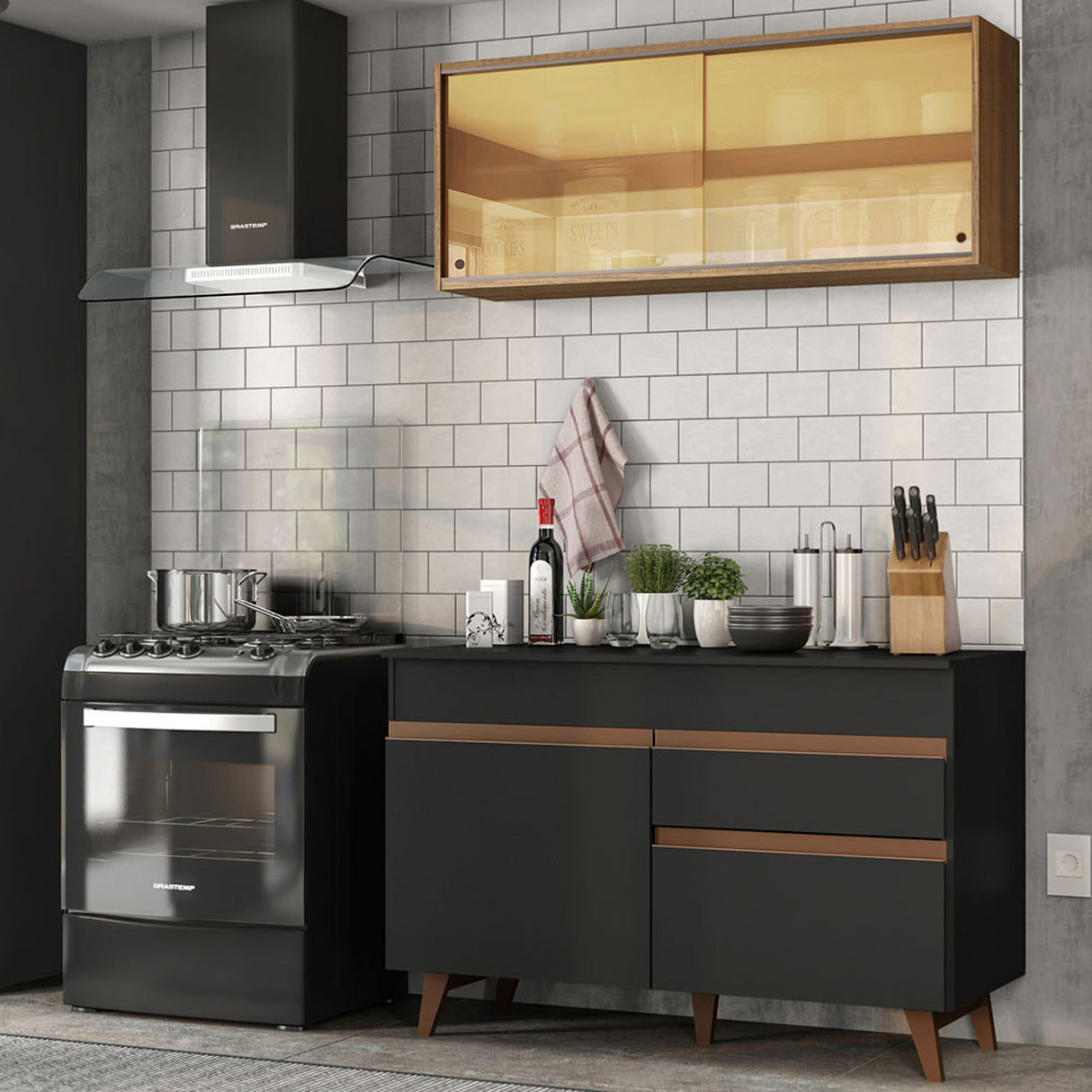 Cocina Integral Reims Negro y Marron 120x210cm con Mesón y sin Pozuelo - COCINAS | Bylmo