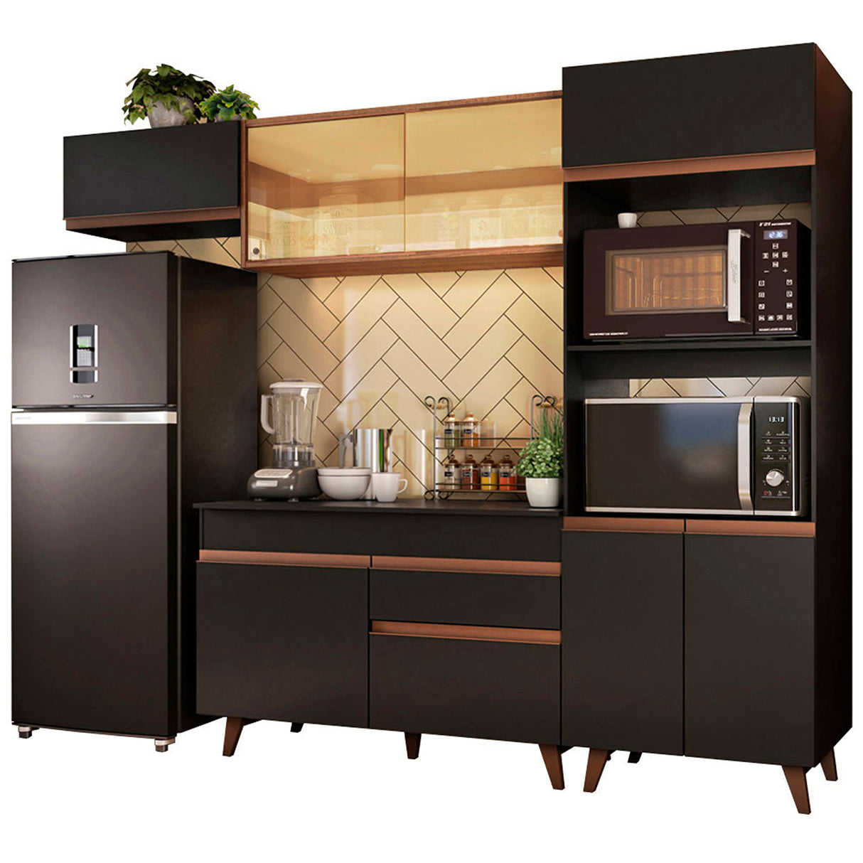 Cocina Integral Reims Negro y Marron 260x210cm con Mesón y sin Pozuelo - COCINAS | Bylmo