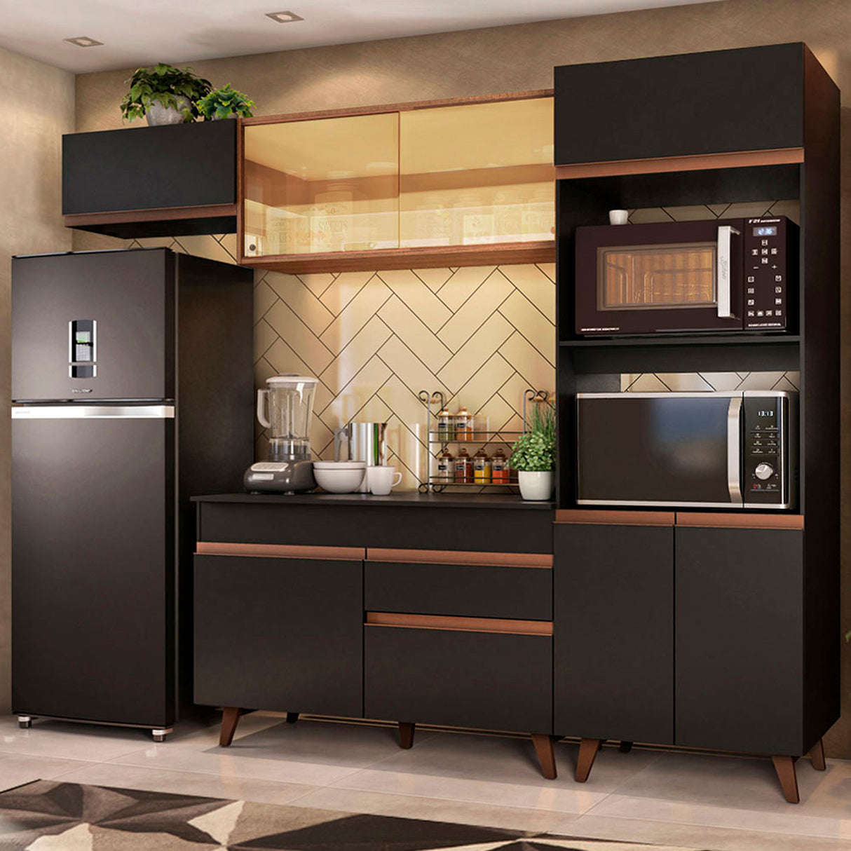 Cocina Integral Reims Negro y Marron 260x210cm con Mesón y sin Pozuelo - COCINAS | Bylmo