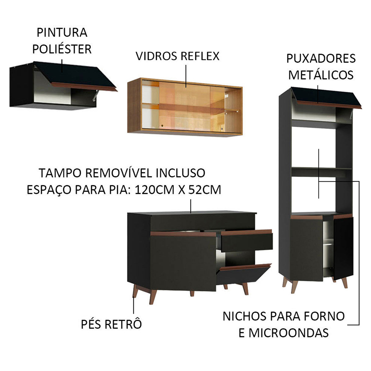 Cocina Integral Reims Negro y Marron 260x210cm con Mesón y sin Pozuelo - COCINAS | Bylmo