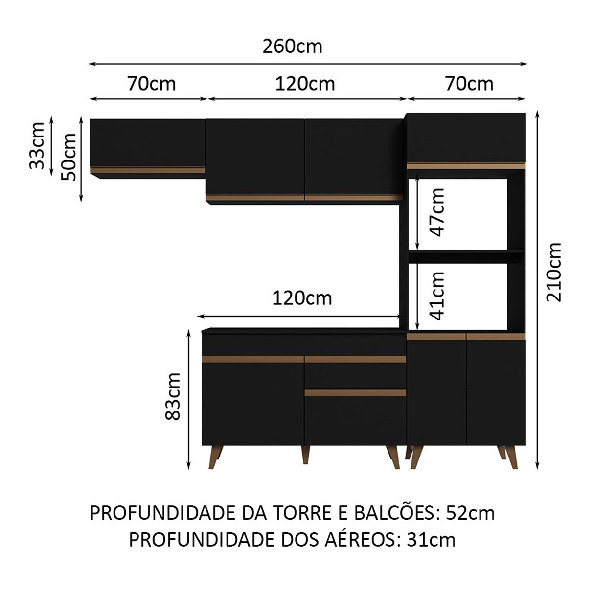 Cocina Integral Reims Negro 260x210cm con Mesón y sin Pozuelo - COCINAS | Bylmo