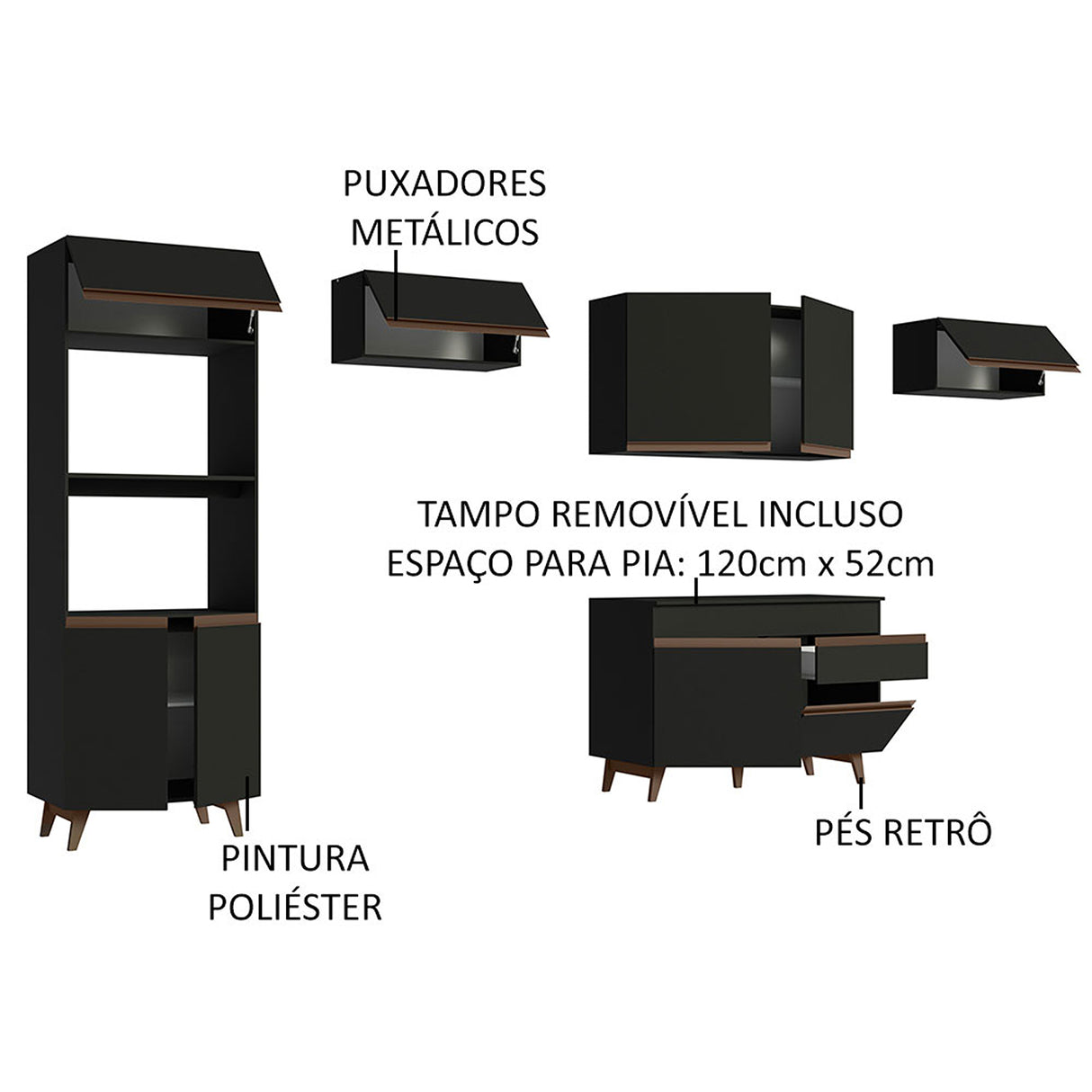 Cocina Integral Reims Negro 330x210cm con Mesón y sin Pozuelo - COCINAS | Bylmo