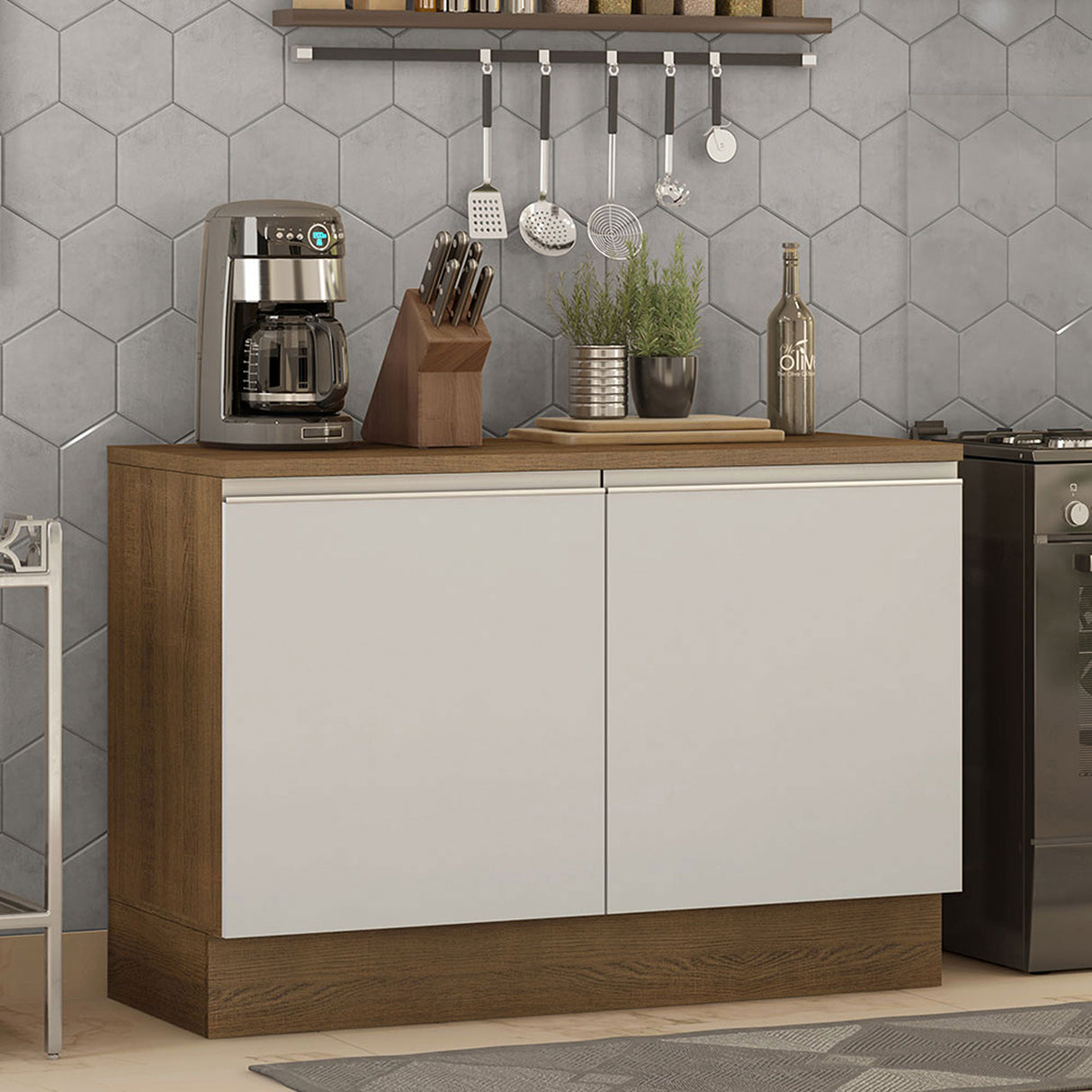 Mueble Inferior de Cocina Glamy Marron y Blanco 120x84cm con Mesón de Madera y Dos Puertas - MUEBLES INFERIORES DE COCINA | Bylmo
