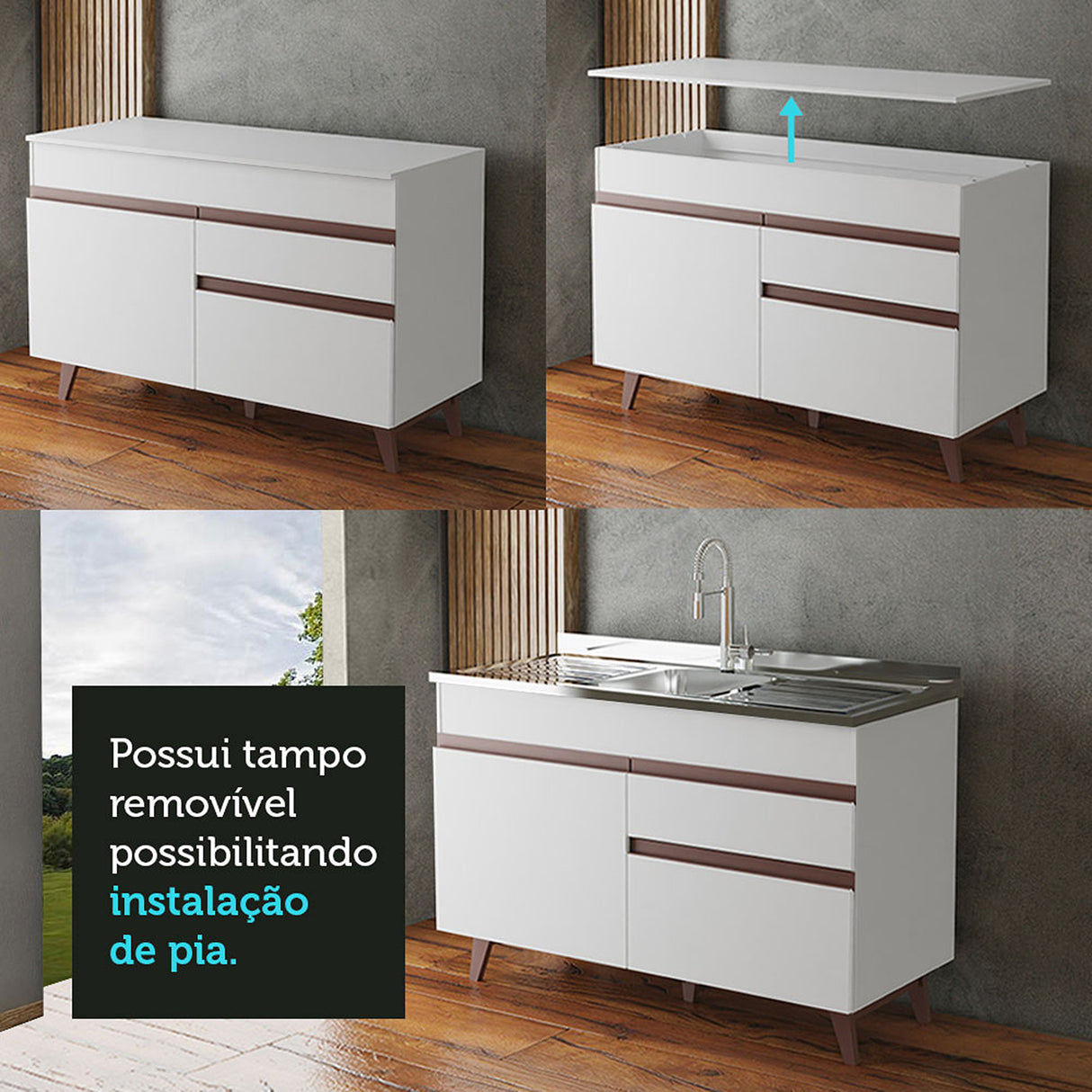 Mueble Inferior de Cocina Reims Blanco 120x83cm con Mesón de Madera - MUEBLES INFERIORES DE COCINA | Bylmo