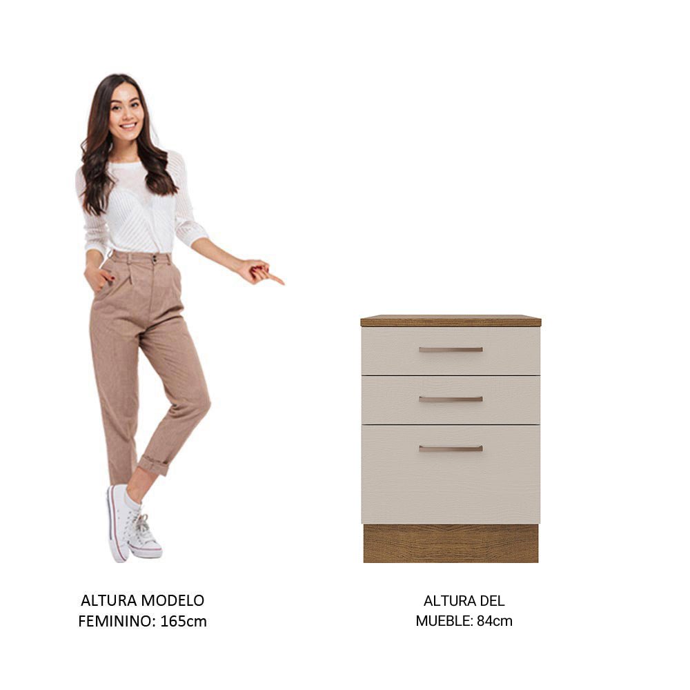 Mueble Inferior de Cocina Agata Marron y Crema 60x84cm con Mesón de Madera y Tres Cajones - MUEBLES INFERIORES DE COCINA | Bylmo