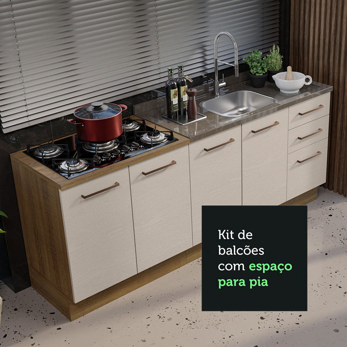 Set X 2 Muebles Inferiores de Cocina Agata Marron y Crema 120x84cm con Mesón de Madera - MUEBLES INFERIORES DE COCINA | Bylmo