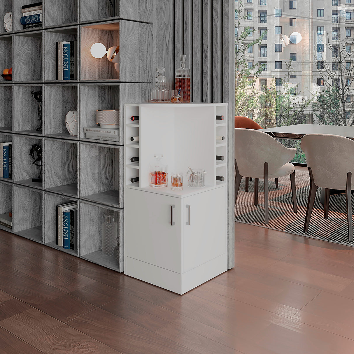 Bar Esquinero Jakes Blanco 46.9x108cm con Ocho Portabotellas y Cuatro Compartimientos - BARES | Bylmo