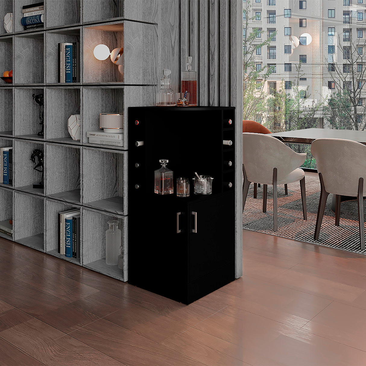 Bar Esquinero Jakes Wengue 46.9x108cm con Ocho Portabotellas y Cuatro Compartimientos - BARES | Bylmo