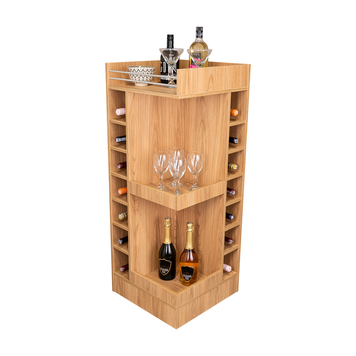 Bar Esquinero Lyman Fresno Europeo 46.6x116cm con Catorce Portabotellas y Tres Compartimientos - BARES | Bylmo