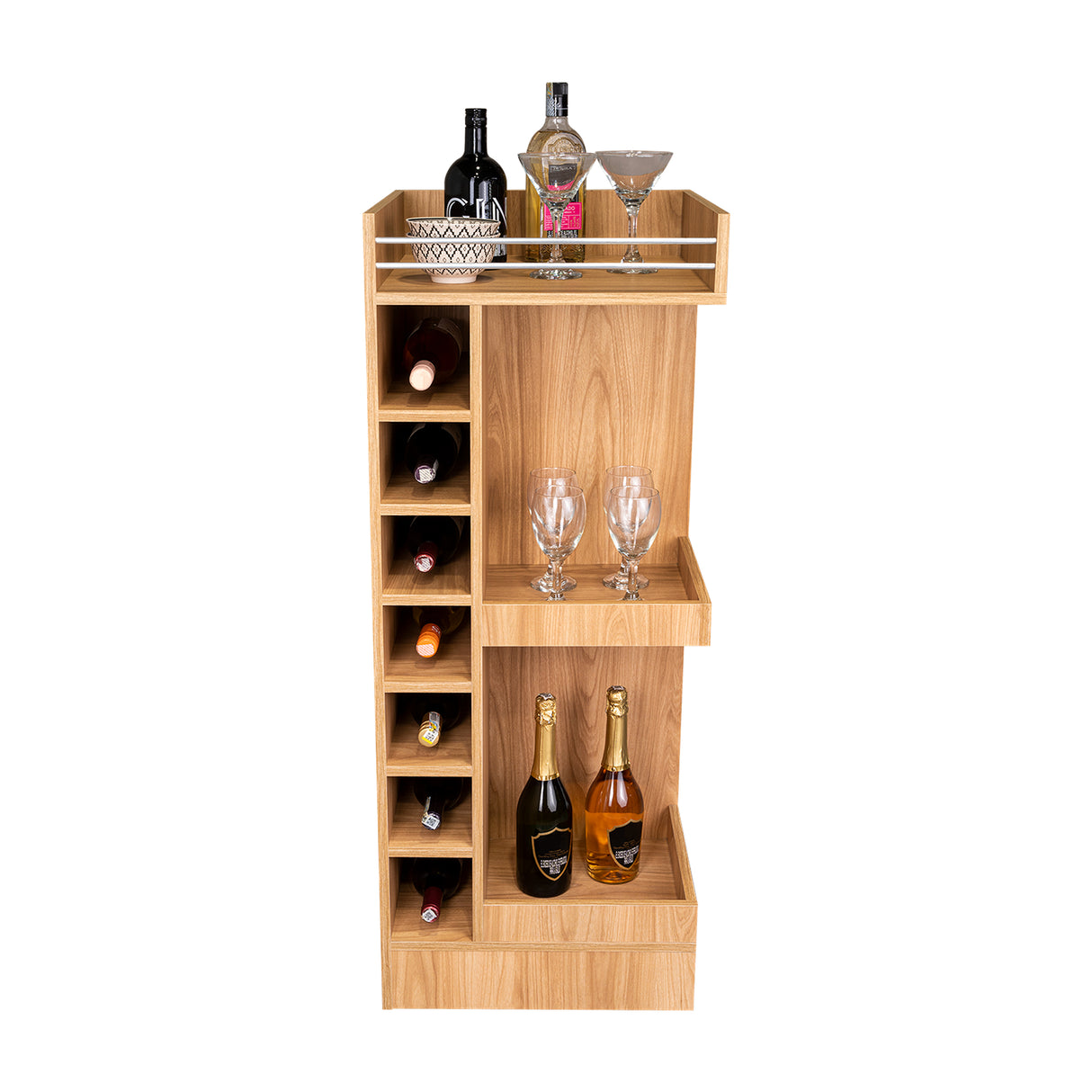 Bar Esquinero Lyman Fresno Europeo 46.6x116cm con Catorce Portabotellas y Tres Compartimientos - BARES | Bylmo