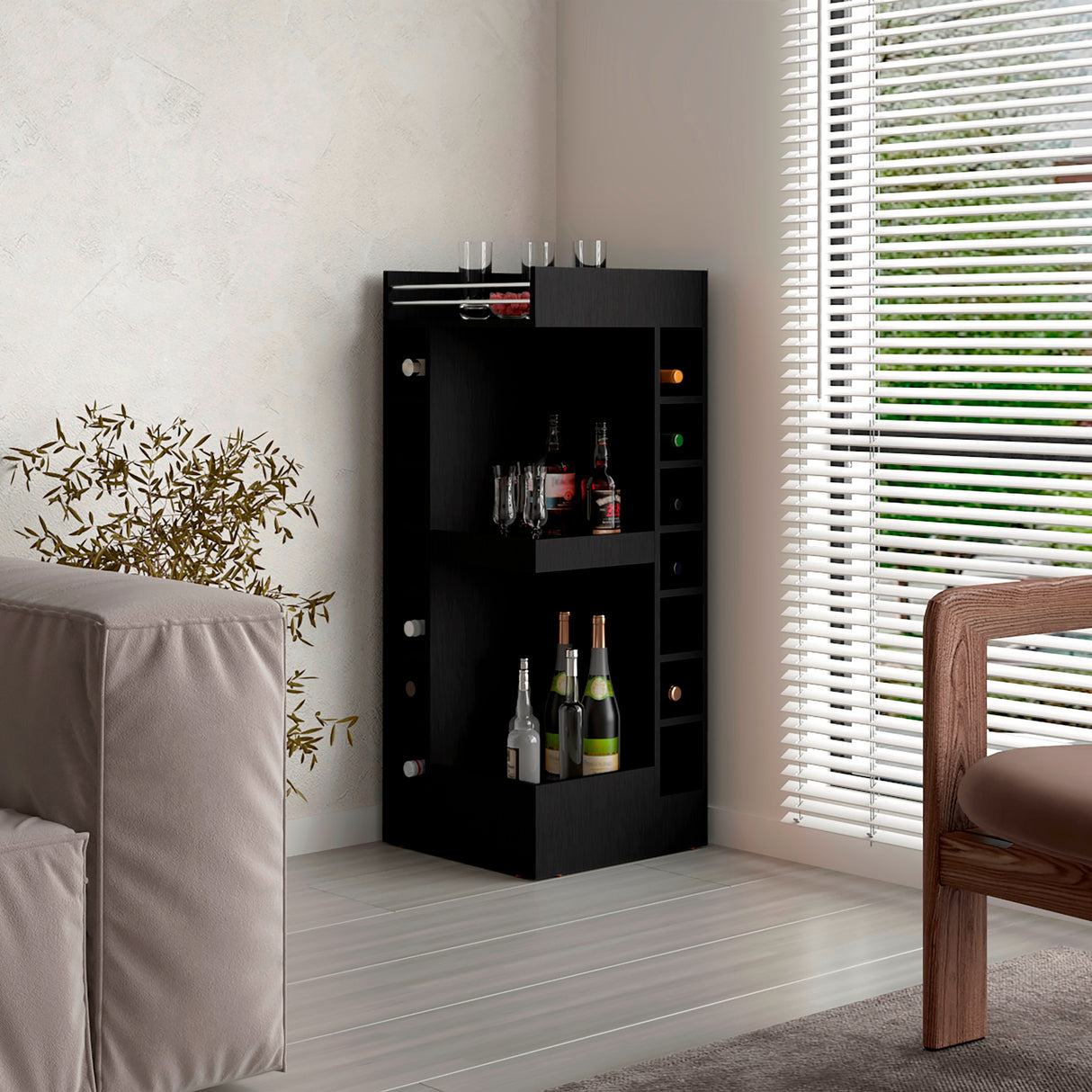 Bar Esquinero Lyman Wengue 46.6x116cm con Catorce Portabotellas y Tres Compartimientos - BARES | Bylmo