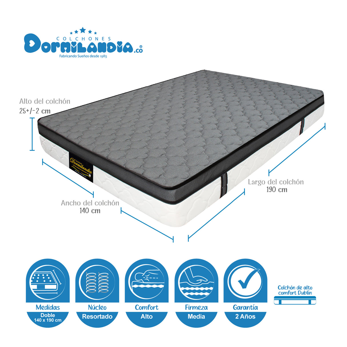 Colchón Dublín Gris Doble 140 X 190 Cm Firmeza Medio - COLCHONES | Bylmo